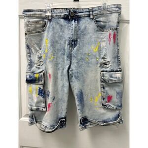 Rock Salt Mens Distressed Paint Splatter Denim Cargo Shorts Light Wash Size 38